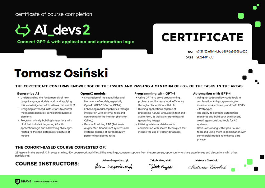 AI_devs2 Course Completion Certificate